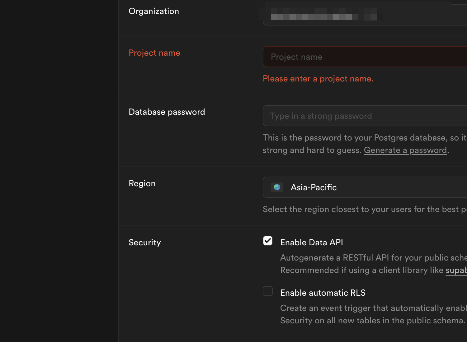 Supabase — New project settings
