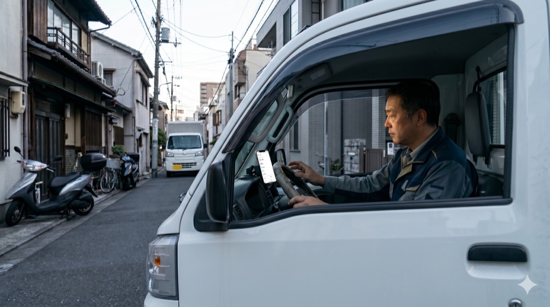 スマートフォンを持つ配達ドライバー